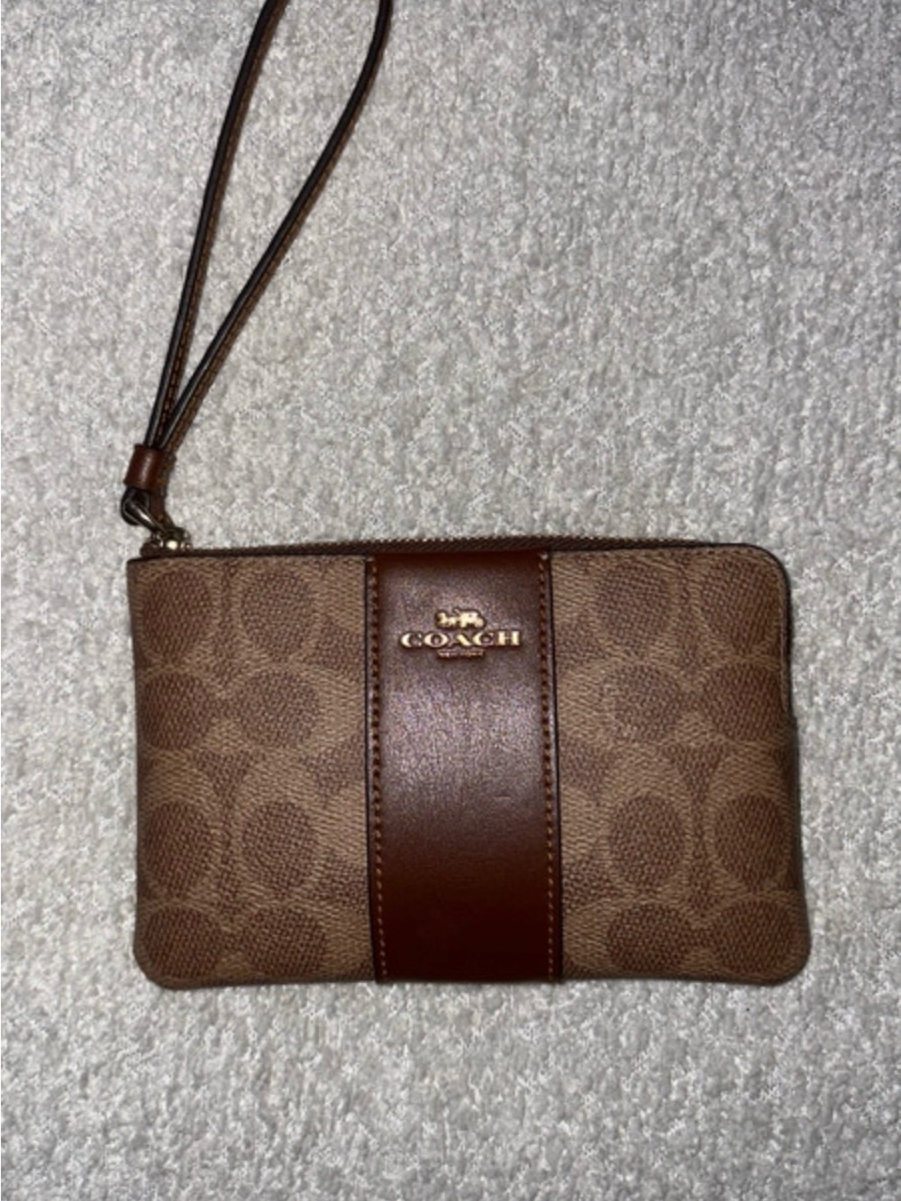 COACH Brown Signature Canvas Wristlet with Leather Stripe